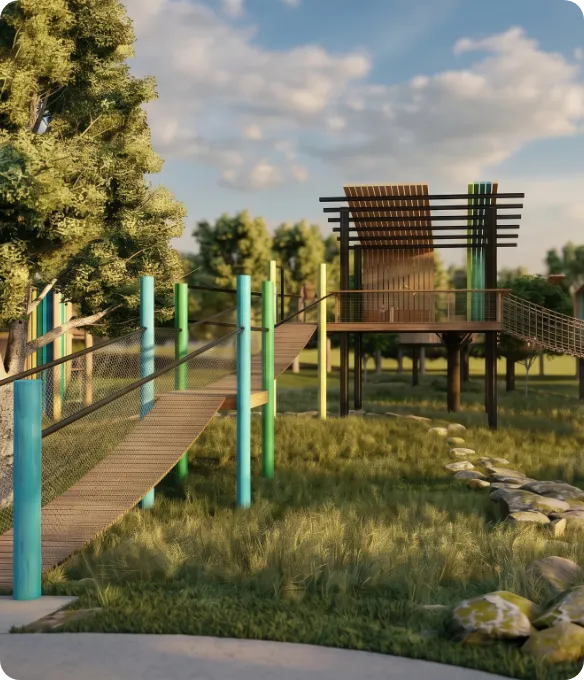 The Treehouse at Mosaic, a new outdoor amenity in this North Texas master-planned community. An elevated wooden walkway with colorful posts and rope netting leads to a raised lookout deck with a slatted pergola, set among mature trees, tall grasses, and natural stone.