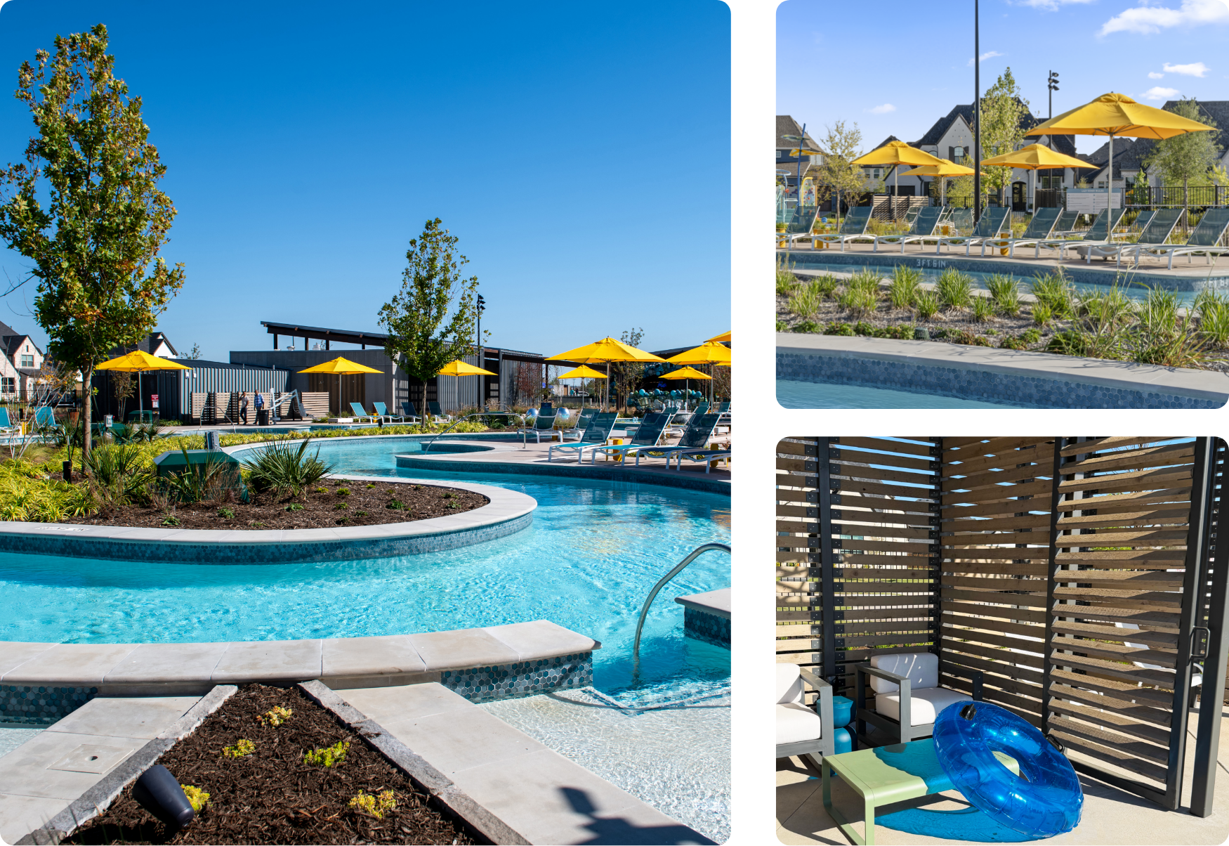 The award-winning lazy river at Mosaic in Celina, Texas: crystal-blue water winding past yellow umbrellas and poolside lounge chairs, and a private cabana with a blue pool float, part of this master-planned community’s resort-style amenities.