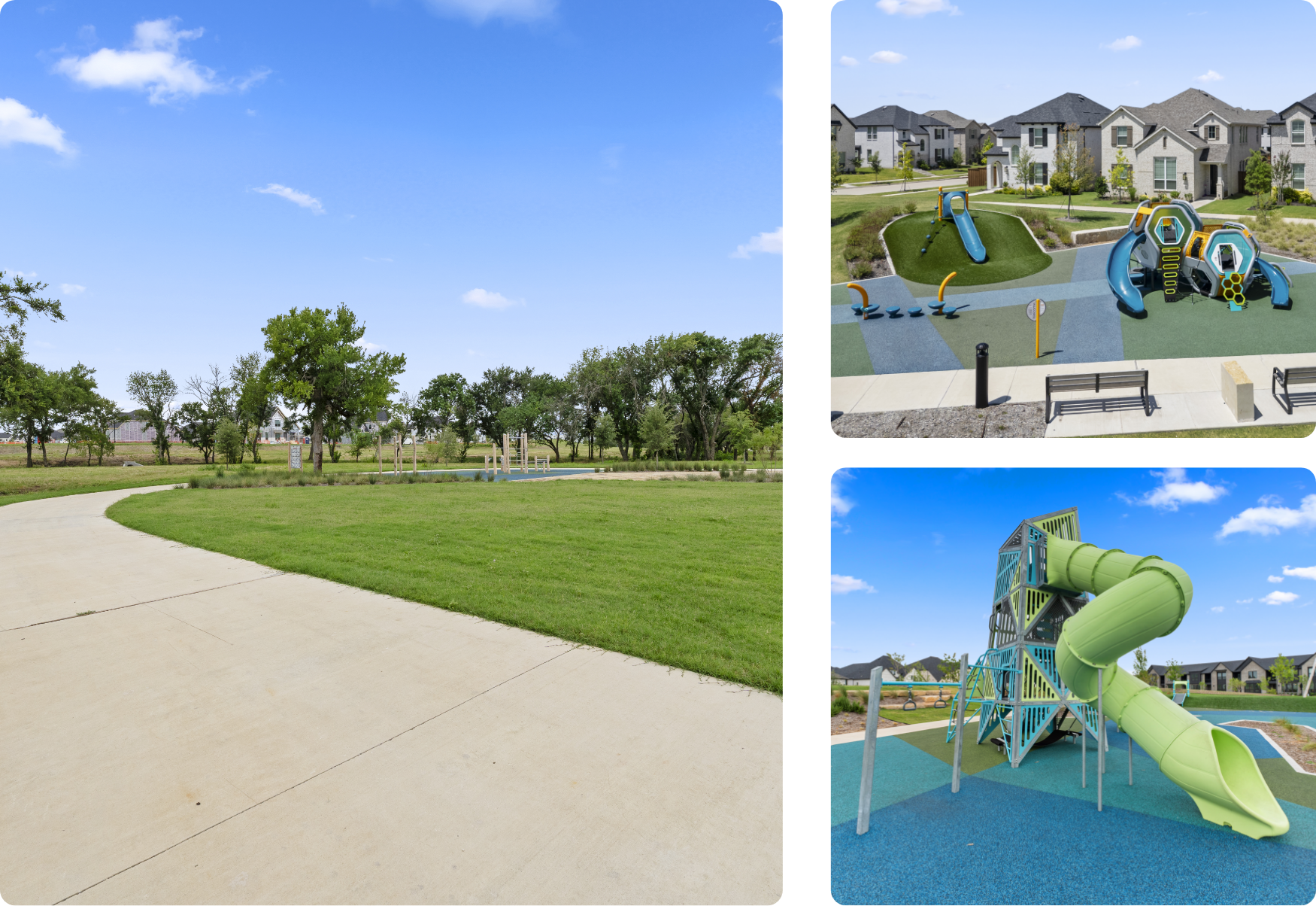 Parks and nature trails at Mosaic in Celina, Texas: a winding hike-and-bike trail through open green space and mature trees, a neighborhood pocket park with colorful play equipment, and a playground tower with a twisting green slide.