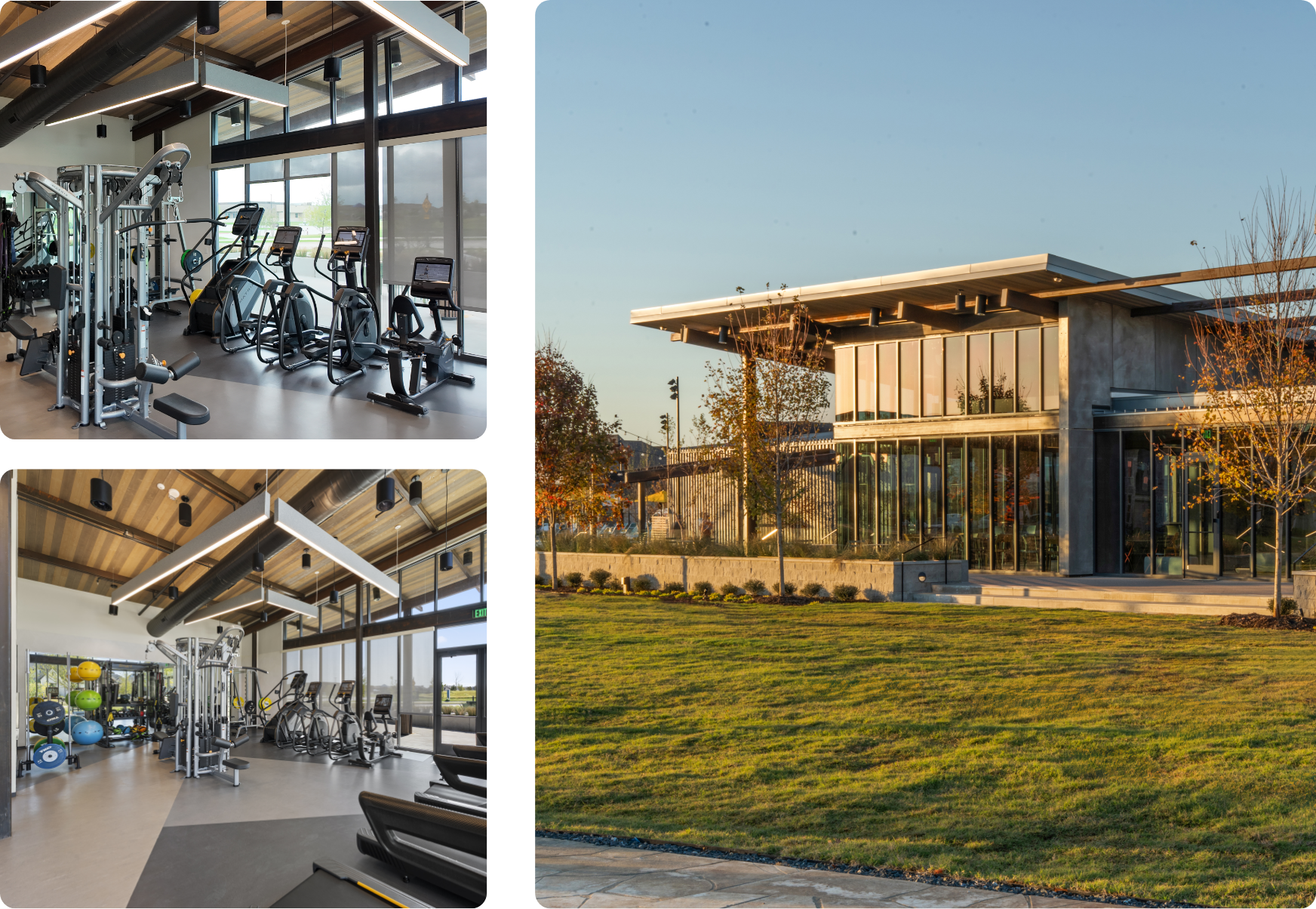 The River Amenity Complex at Mosaic in Celina, Texas: a modern fitness center with cardio and strength equipment beneath soaring wood-beamed ceilings, and the amenity building’s glass-and-timber exterior glowing in the evening light over a green lawn.