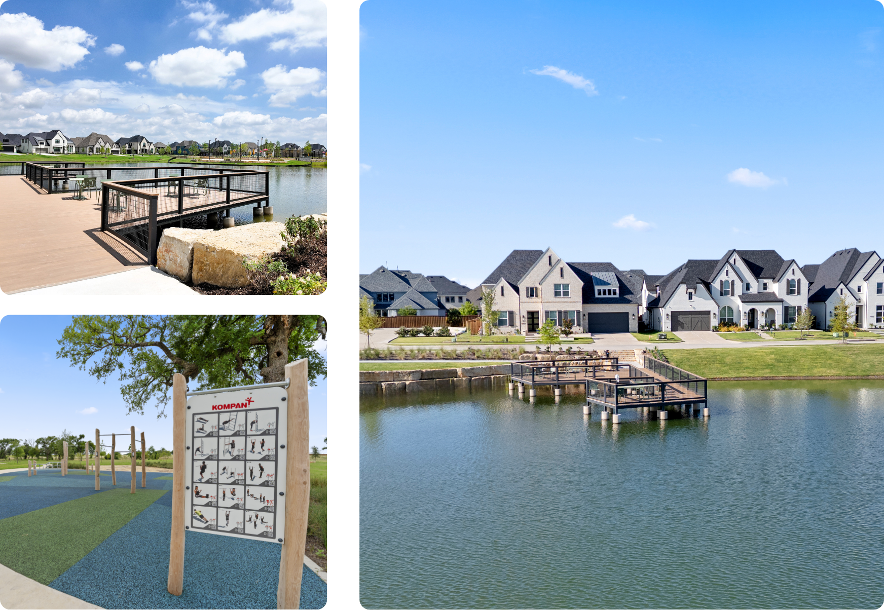 Outdoor recreation at Mosaic in Celina, Texas: a lakeside fishing pier with views of new homes across Mosaic Lake, and an outdoor fitness station with exercise equipment along the community’s trails.
