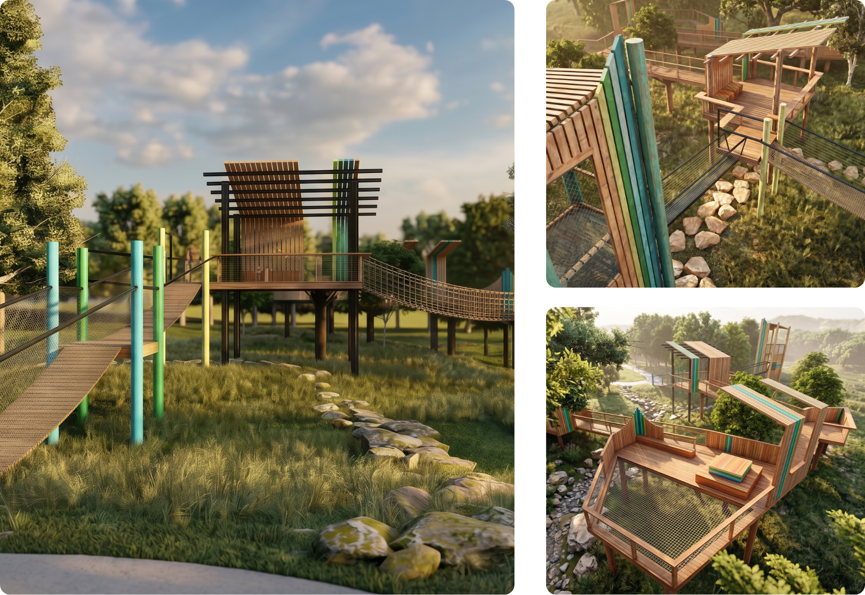 The Treehouse at Mosaic in Celina, Texas, a coming-soon outdoor amenity for kids. Elevated wooden walkways with colorful posts lead to raised play decks with rope netting and climbing areas, set among trees and natural stone.
